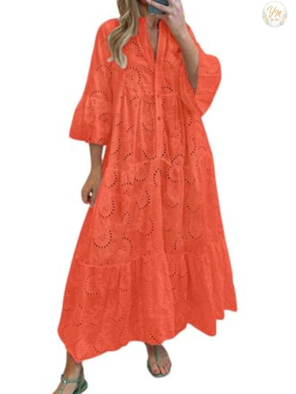 Women's Lace Eyelet Maxi Dress V-Neck Trumpet Sleeve Boho Flowy Swing Dress